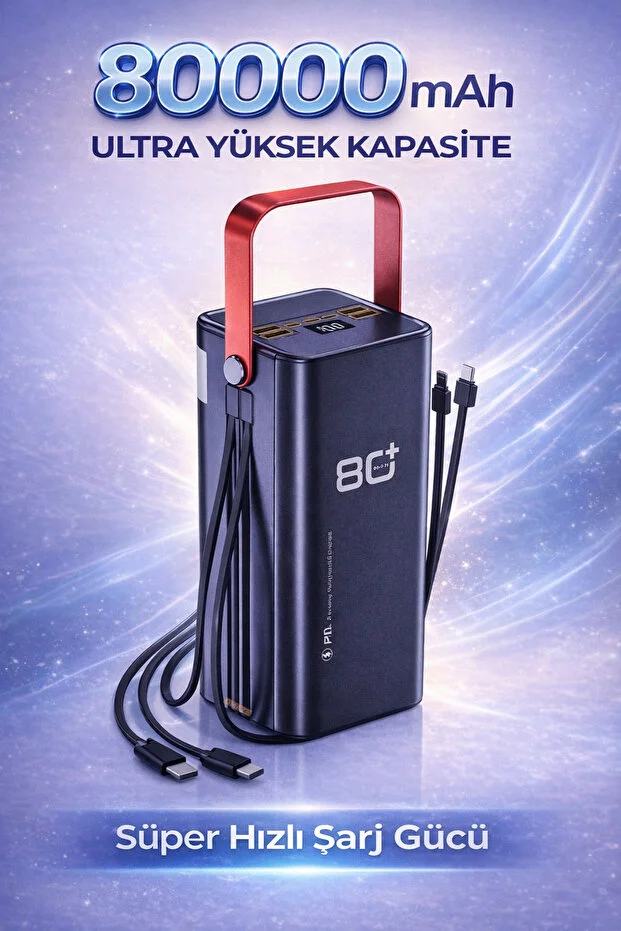 80.000 mAh Güçlü Powerbank LED Işıklı